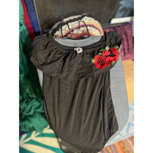 Women's Beware Black Bodysuit with Red Rose Embroidery S